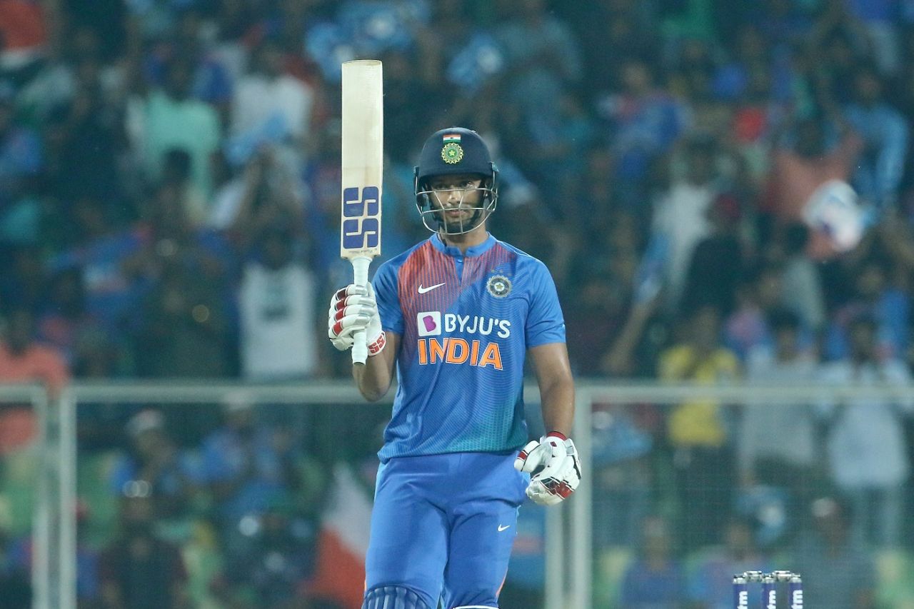 Shivam Dube raises his bat after smashing a maiden international fifty, India v West Indies, 2nd T20I, Thiruvananthapuram, December 8, 2019