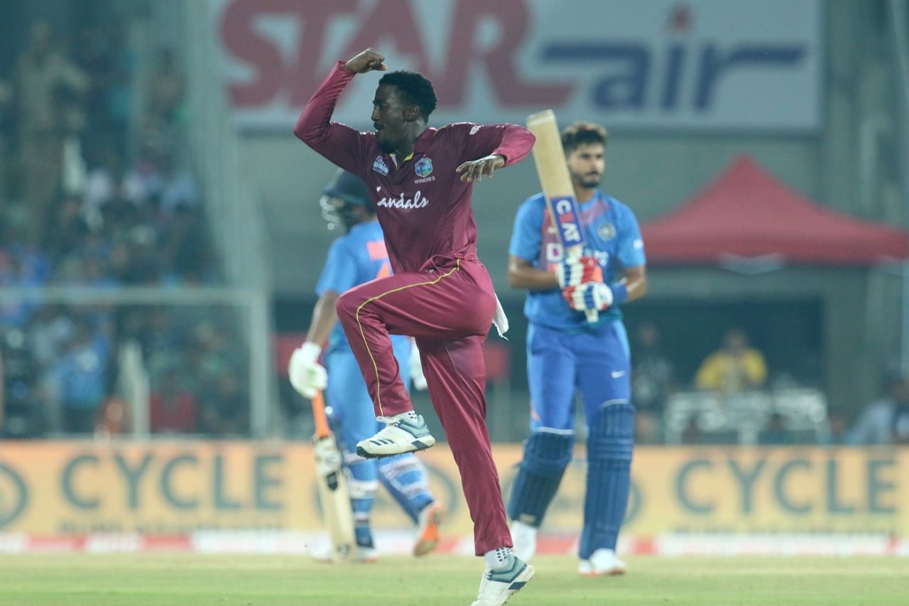 Hayden Walsh Jr celebrates a dismissal, India v West Indies, 2nd T20I, Thiruvananthapuram, December 8, 2019