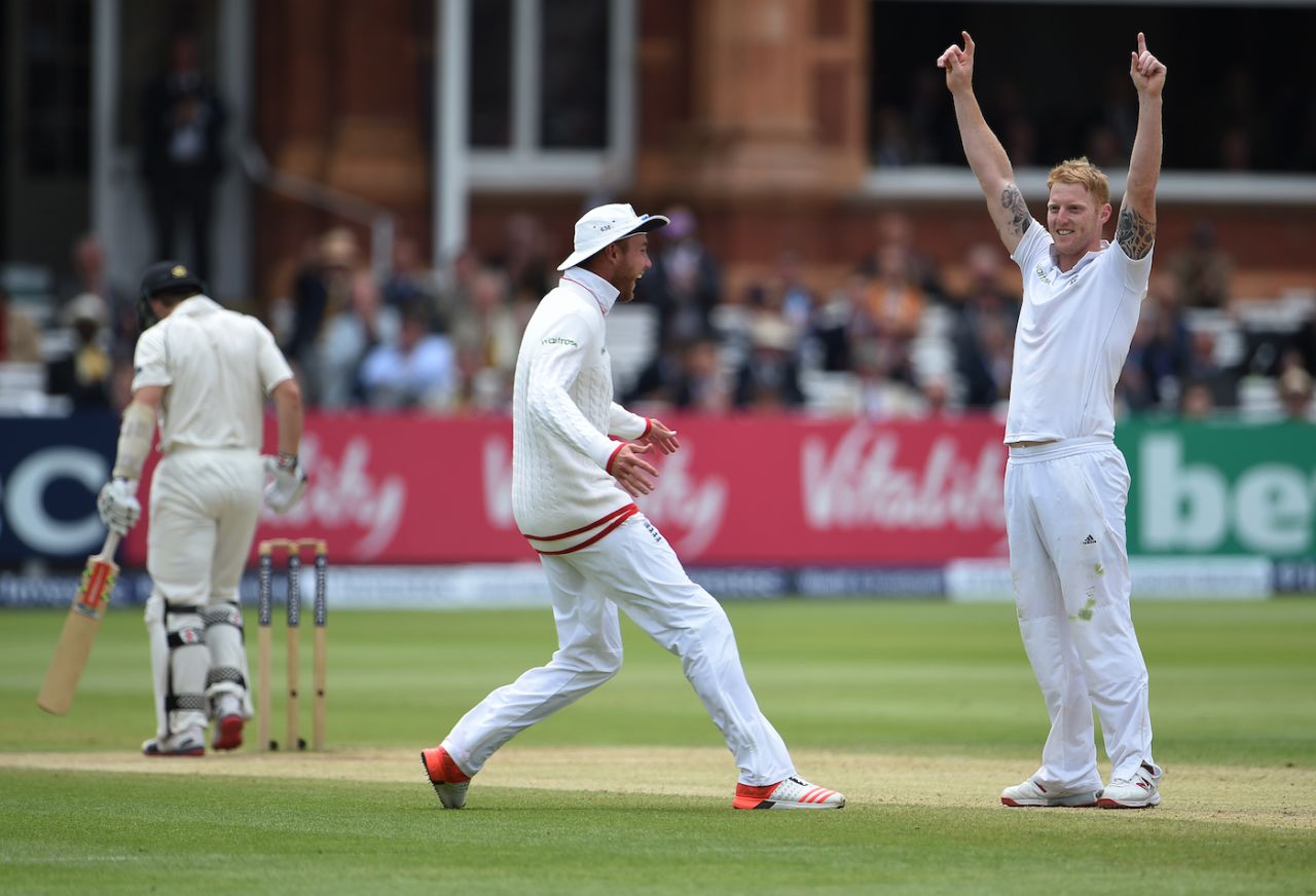 Ben Stokes is congratulated by Stuart Broad after taking the wicket of Kane Williamson, Day 5, first Test, England v New Zealand, Lord's, London, United Kingdom, May 25, 2015