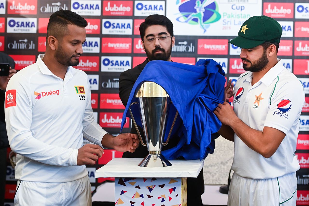 Dimuth Karunaratne and Azhar Ali unveil the Test series trophy, Rawalpindi, December 10, 2019