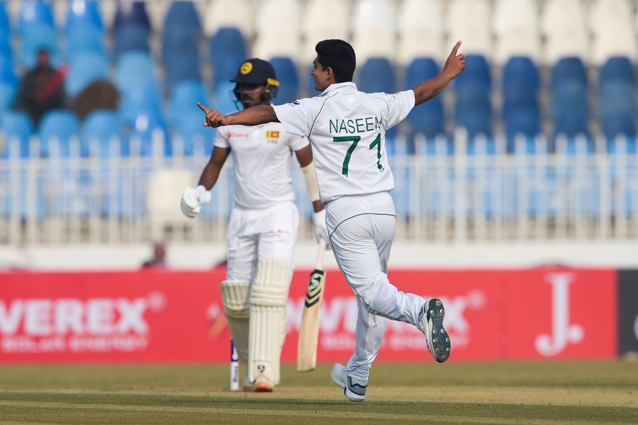 Naseem Shah celebrates a wicket, Pakistan v Sri Lanka, 1st Test, Rawalpindi, Day 1