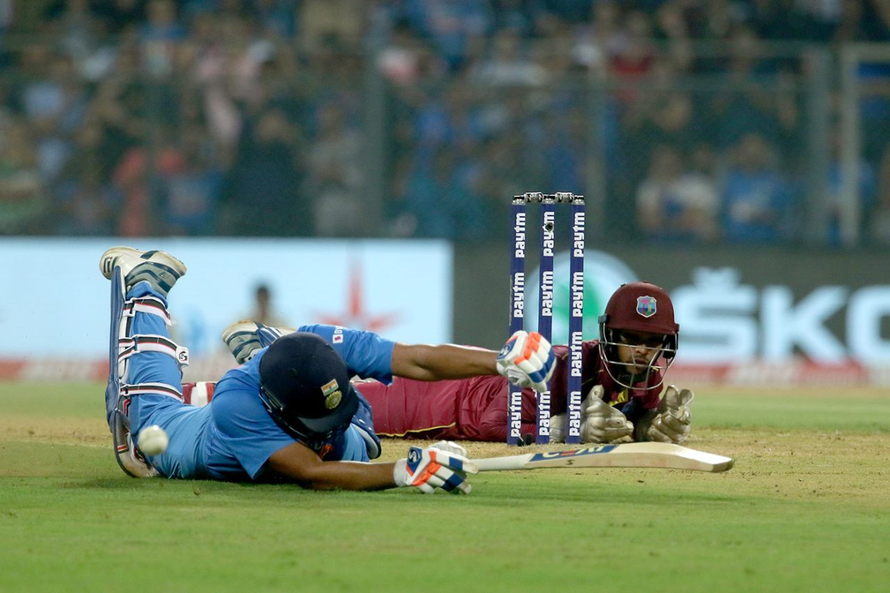 Rohit Sharma dives to escape being run out, India v West Indies, 3rd T20I, Mumbai, December 11, 2019