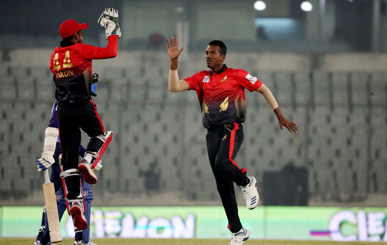 Al-Amin Hossain celebrates a wicket, Comilla Warriors v Rangpur Rangers, Bangladesh Premier League, Dhaka, December 11, 2019