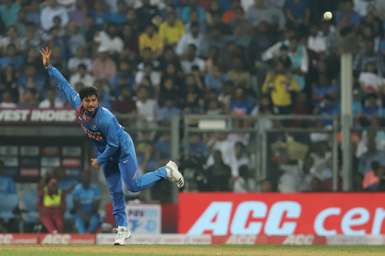 Kuldeep Yadav completes his action, India v West Indies, 3rd T20I, Mumbai, December 11, 2019