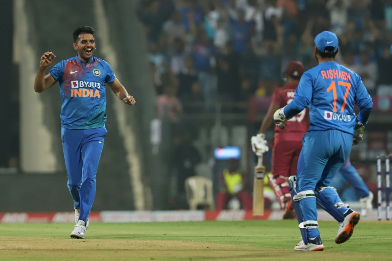 Deepak Chahar celebrates a wicket, India v West Indies, 3rd T20I, Mumbai, December 11, 2019