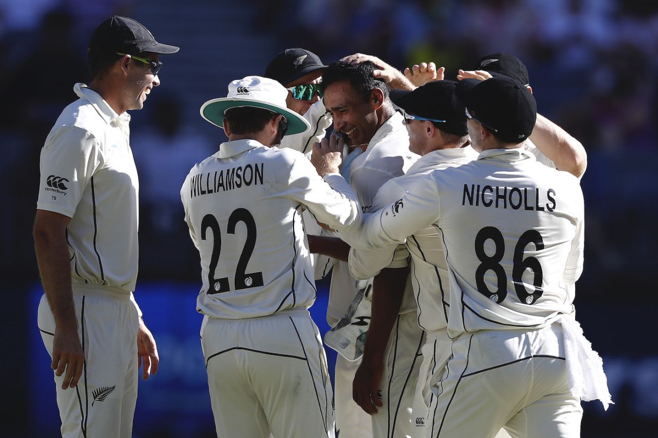 Jeet Raval mobbed by his teammates after his first Test wicket, Australia v New Zealand, 1st Test, Perth, 2nd day, December 13, 2019