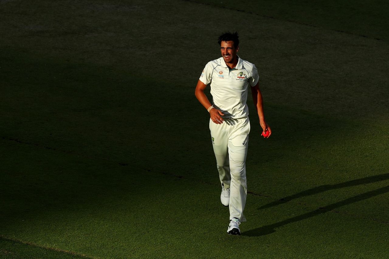 Mitchell Starc can't hide his delight after an early strike, Australia v New Zealand, 1st Test, Perth, 2nd day, December 13, 2019
