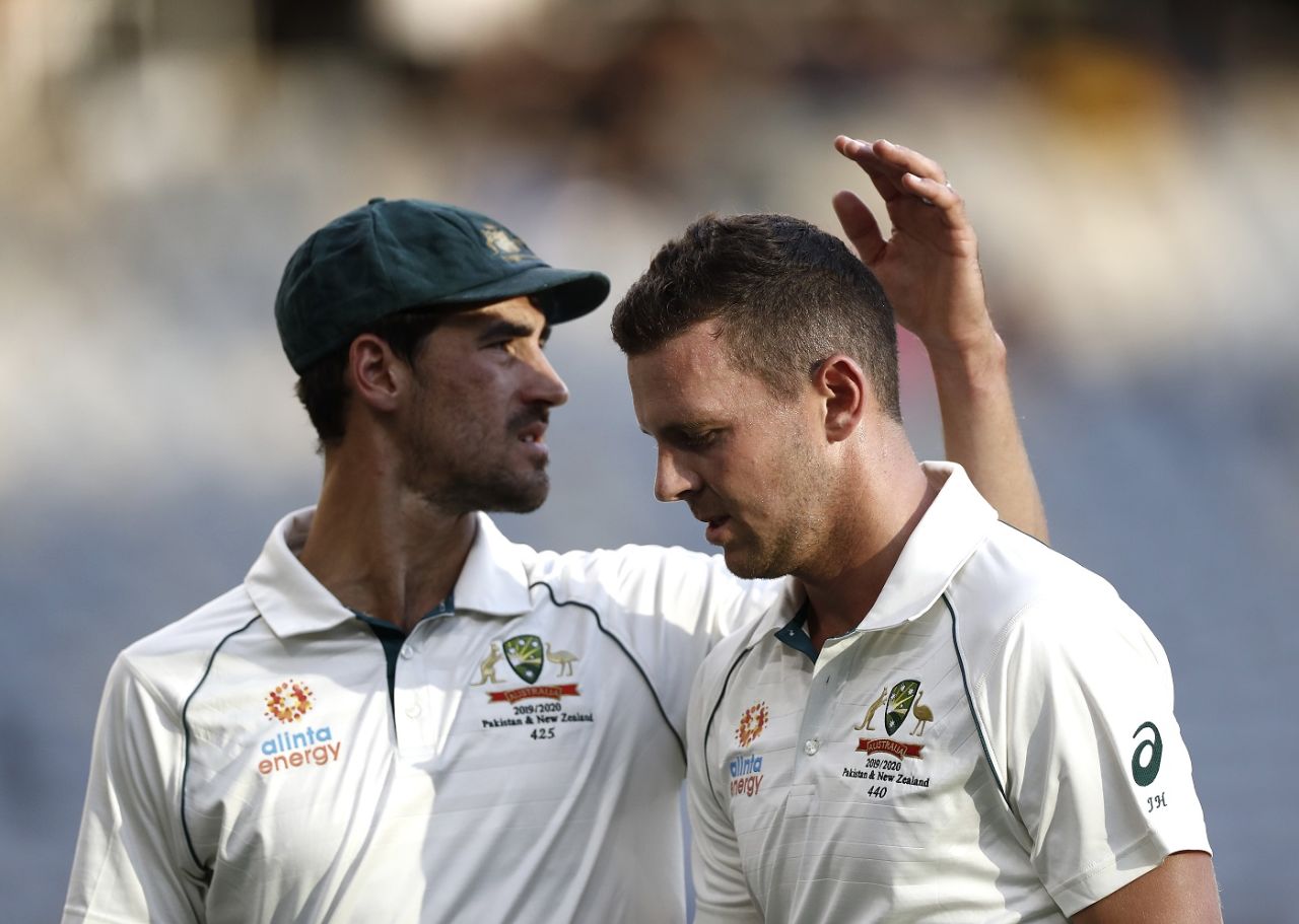 Mitchell Starc commiserates with Josh Hazlewood after the latter's injury, Australia v New Zealand, 1st Test, Perth, 2nd day, December 13, 2019