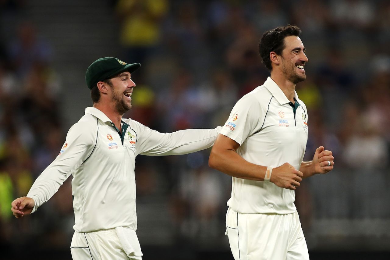 Mitchell Starc is all smiles after taking a wicket, Australia v New Zealand, 1st Test, Perth, 2nd day, December 13, 2019