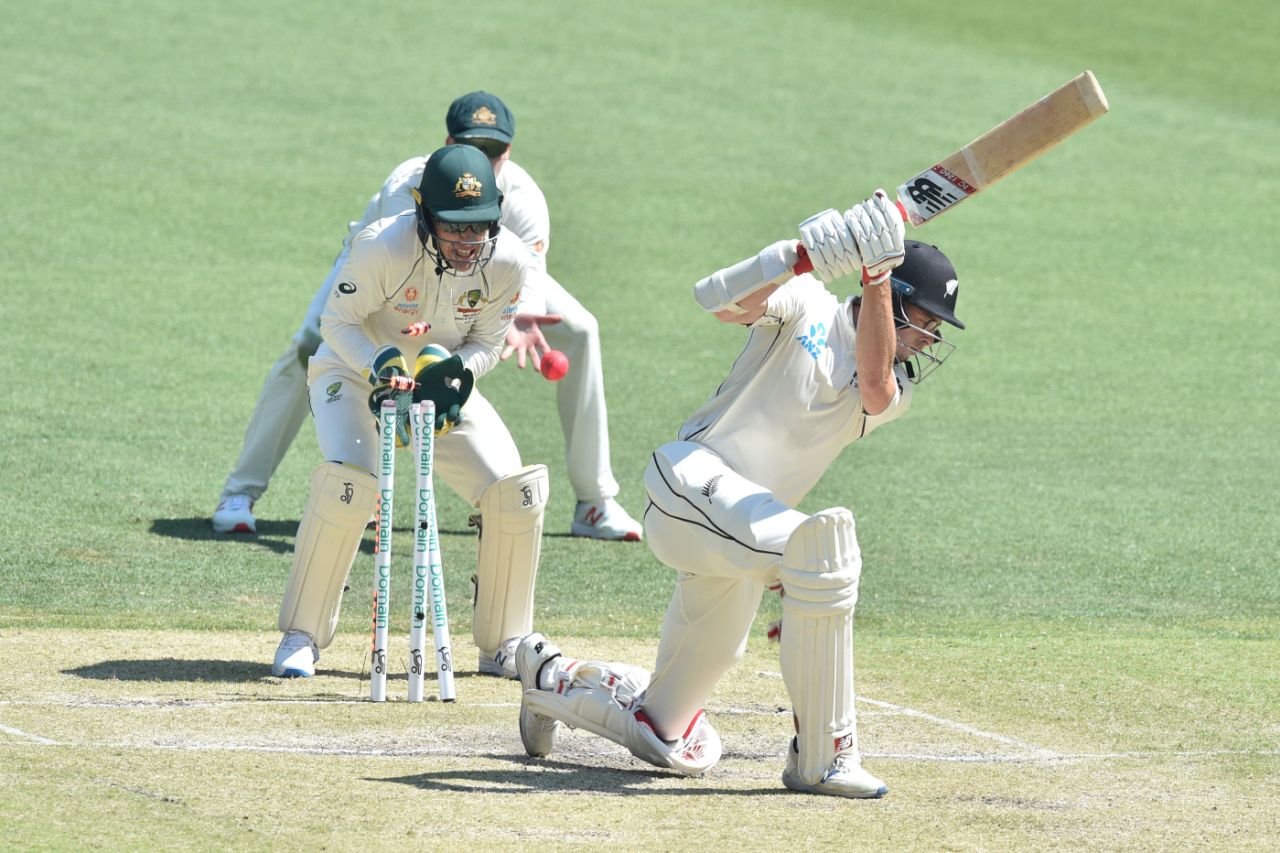 Mitchell Santner is bowled by a Marnus Labuschagne legbreak, Australia v New Zealand, 1st Test, Perth, 3rd day, December 14, 2019