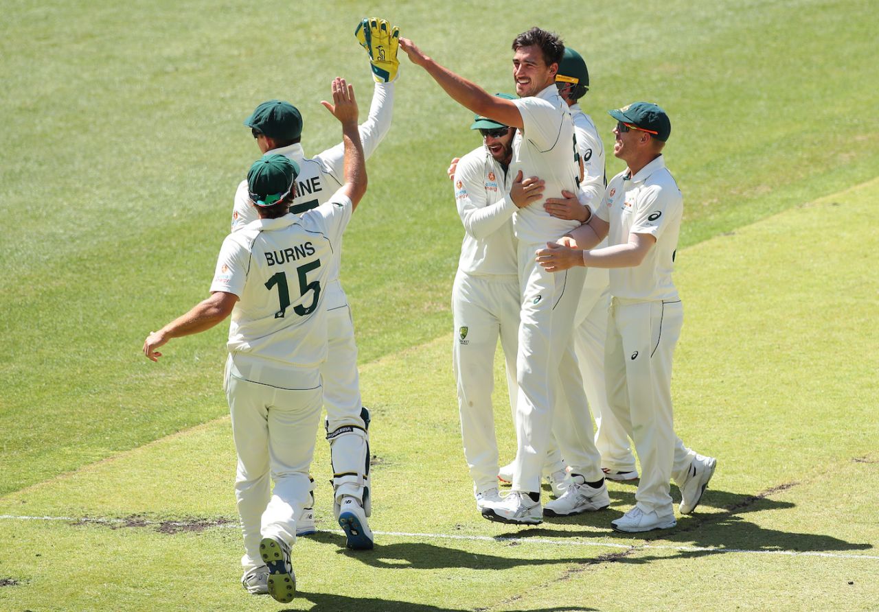 Mitchell Starc celebrates a wicket with his teammates, Australia v New Zealand, 1st Test, Perth, 4th day, December 15, 2019