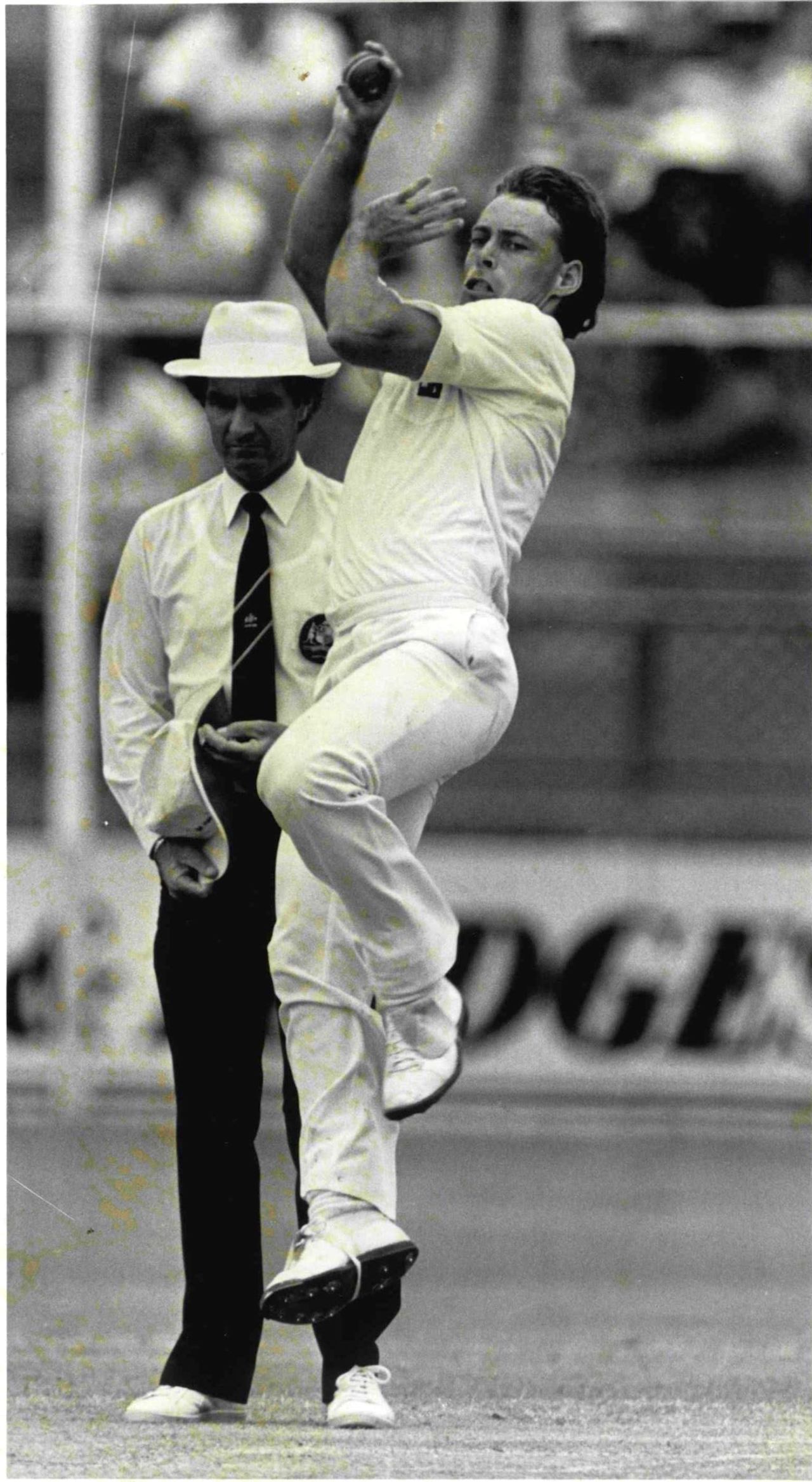 A 21-year-old Danny Morrison bowls to Geoff Marsh, day two, 1st Test, Australia v New Zealand, the Gabba, Brisbane, Dec 5, 1987