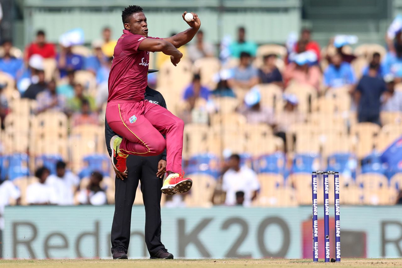Sheldon Cottrell leaps into his action, India v West indies, 1st ODI, Chennai, December 15, 2019