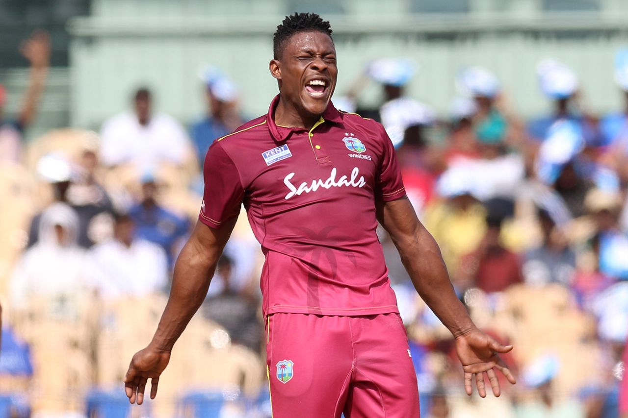 Sheldon Cottrell is over the moon after picking up a wicket, India v West indies, 1st ODI, Chennai, December 15, 2019