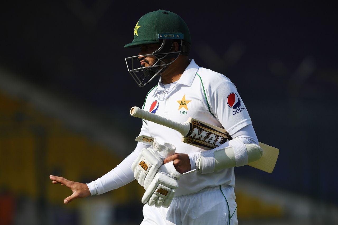 Azhar Ali indicates he was done in by movement as he walks back for a duck, Pakistan v Sri Lanka, 2nd Test, Karachi, day 1, December 19, 2019