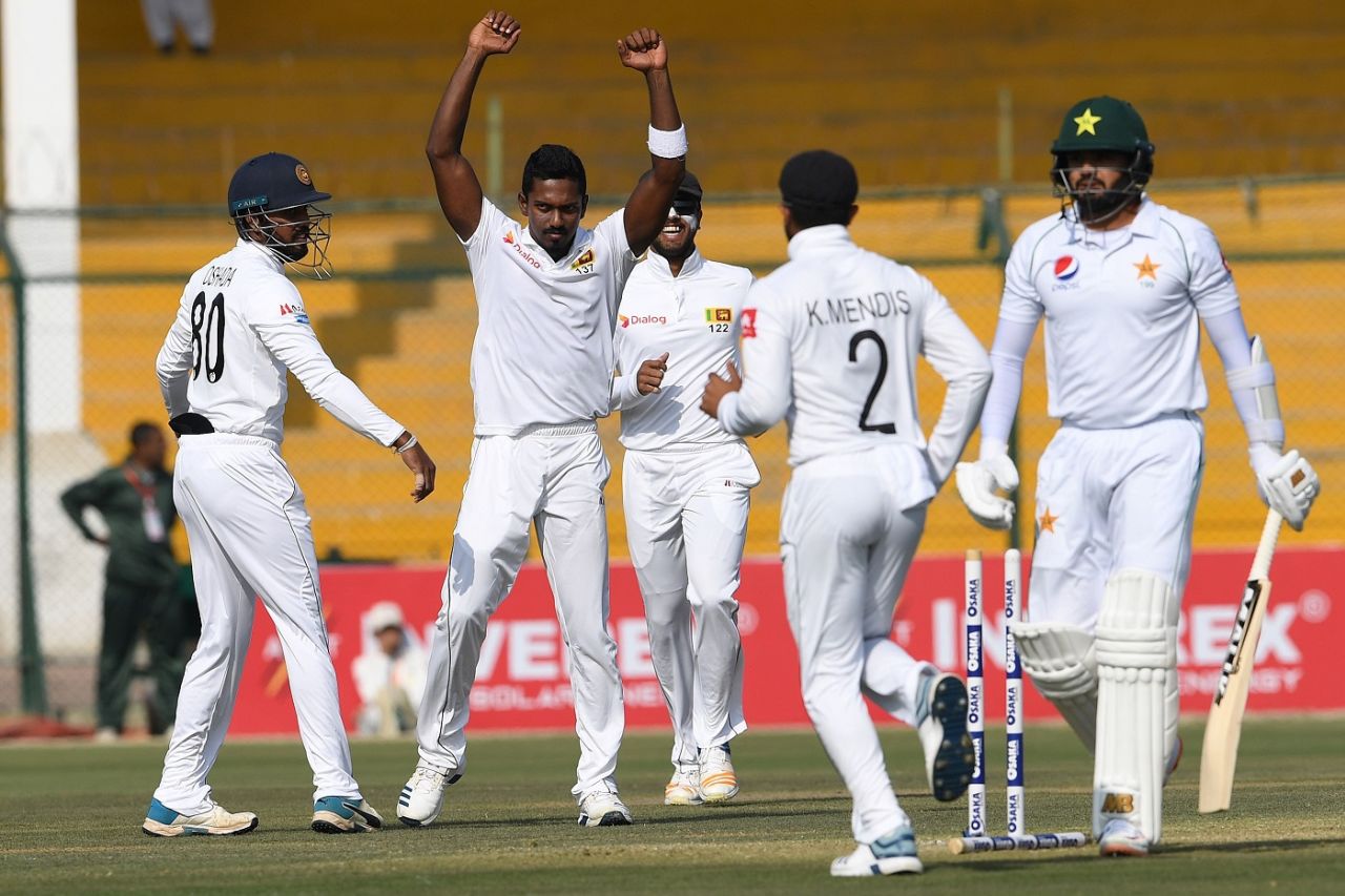 Vishwa Fernando celebrates Azhar Ali's wicket, Pakistan v Sri Lanka, 2nd Test, Karachi, day 1, December 19, 2019