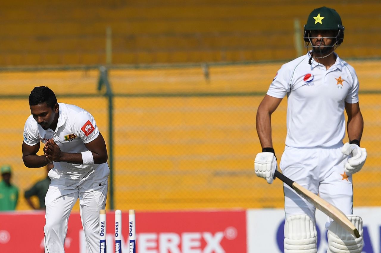 Vishwa Fernando enjoyed castling Shan Masood with a perfect leg-cutter, Pakistan v Sri Lanka, 2nd Test, Karachi, day 1, December 19, 2019