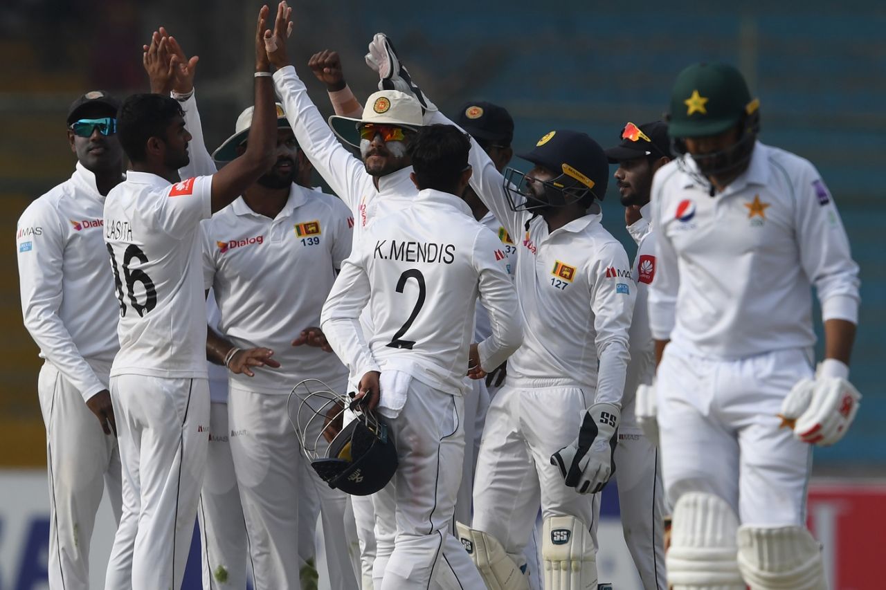 Lasith Embuldeniya celebrates a wicket with his team, Pakistan v Sri Lanka, 2nd Test, Karachi, day 1, December 19, 2019