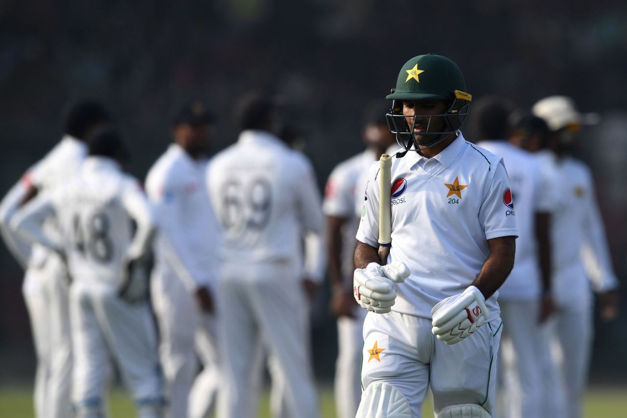 Asad Shafiq walks away after his dismissal, Pakistan v Sri Lanka, 2nd Test, Karachi, day 1, December 19, 2019
