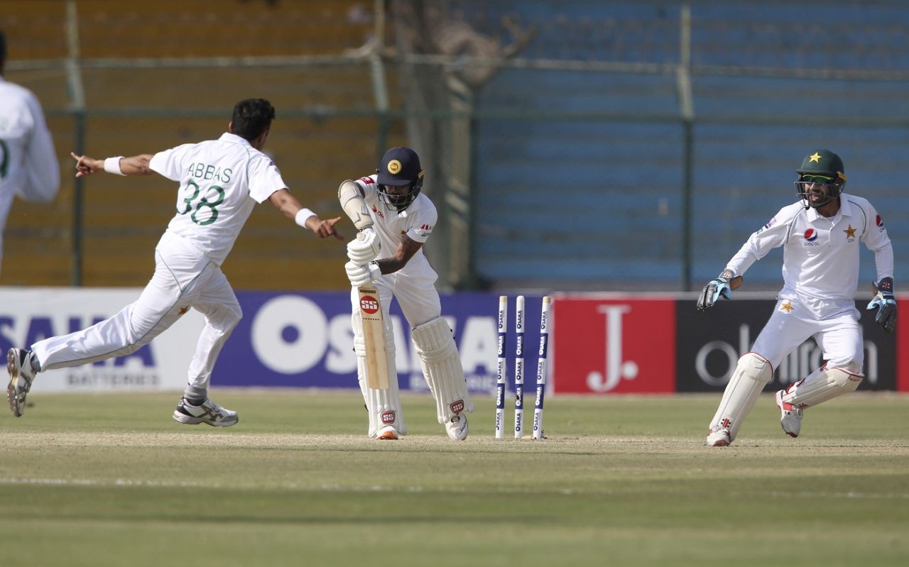 Mohammad Abbas wheels away in celebration after bowling Niroshan Dickwella, Pakistan v Sri Lanka, 2nd Test, Karachi, 2nd day, December 20, 2019