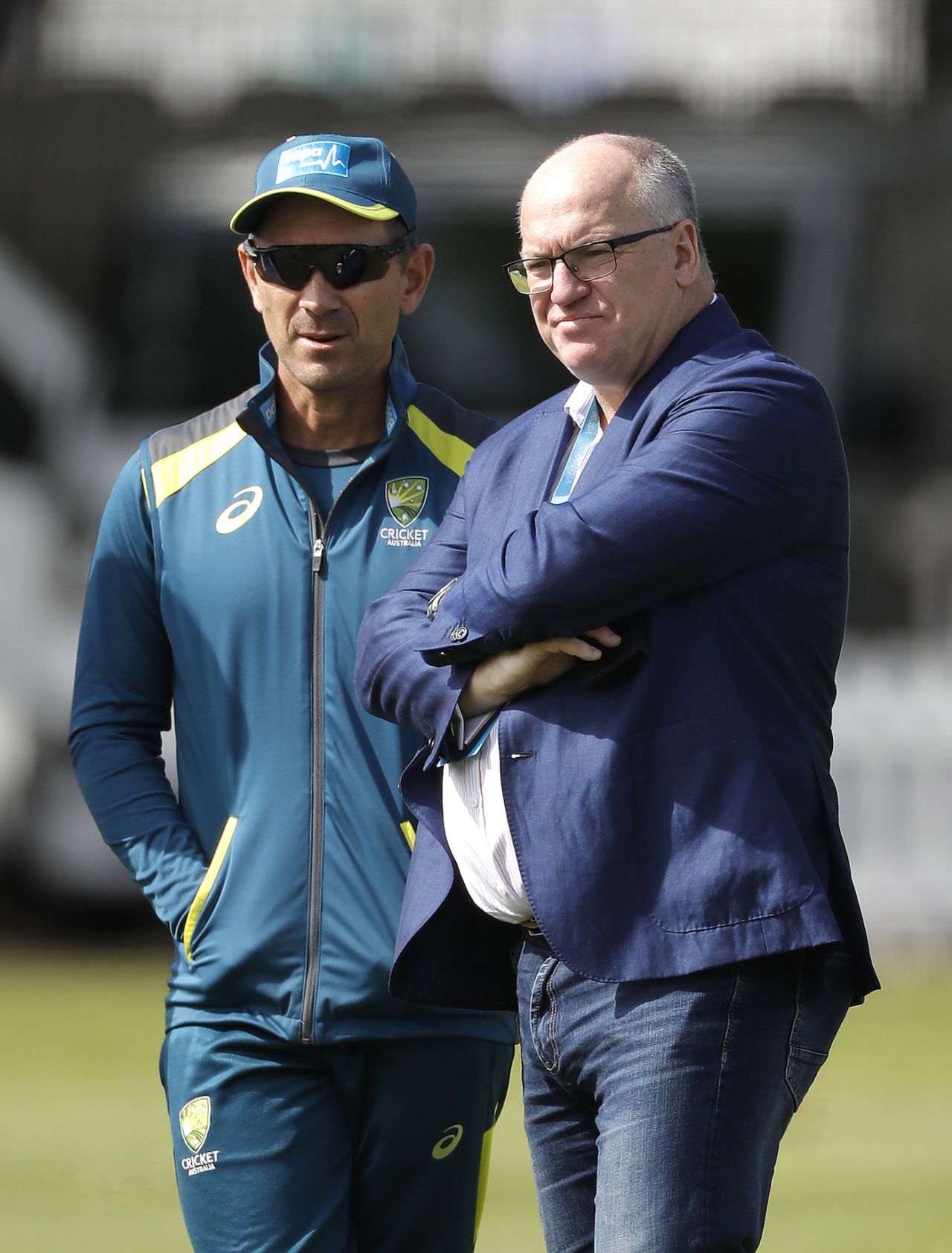 Justin Langer speaks with Cricket Australia Chairman Earl Eddings during a nets session before the second Ashes Test, Lord's, August 12, 2019