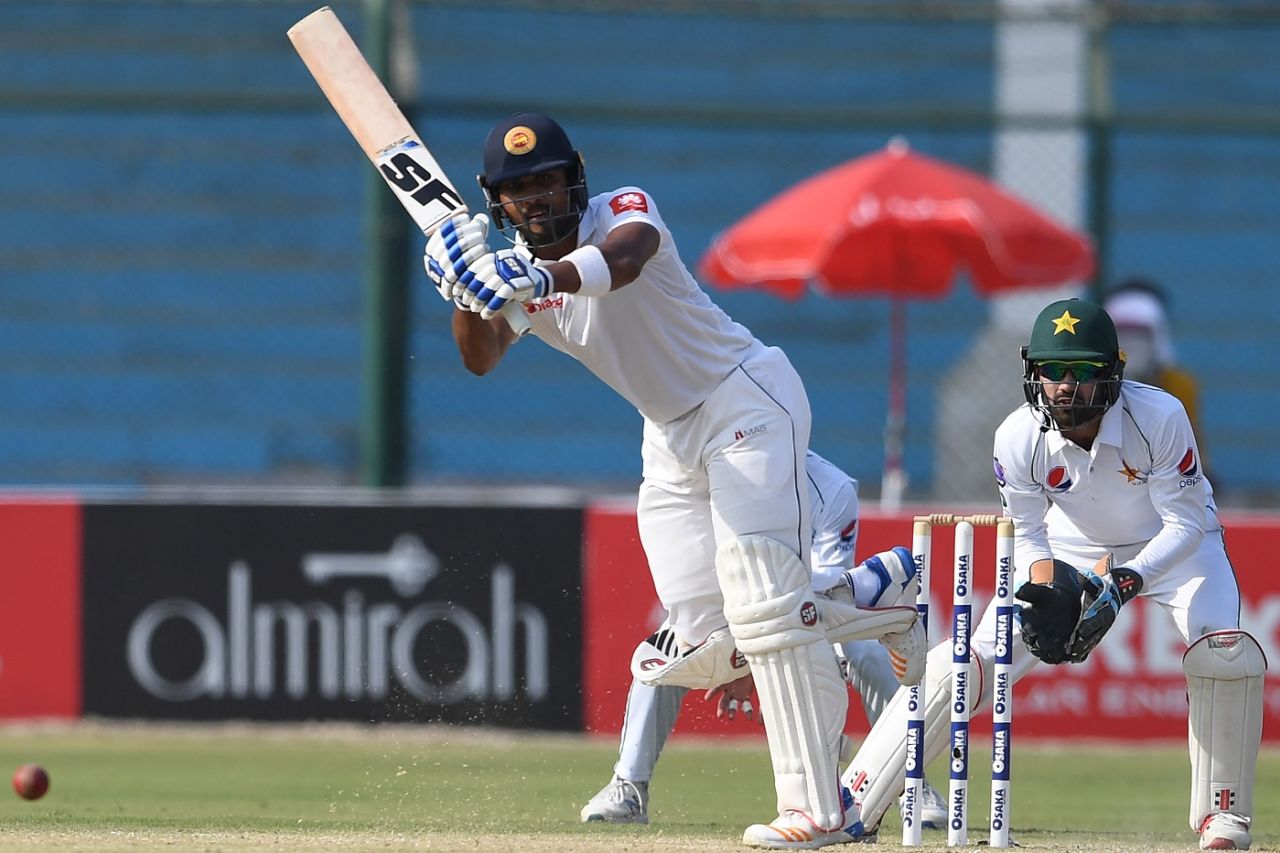 Dinesh Chandimal plays one down the ground, Pakistan v Sri Lanka, 2nd Test, Karachi, 2nd day, December 20, 2019