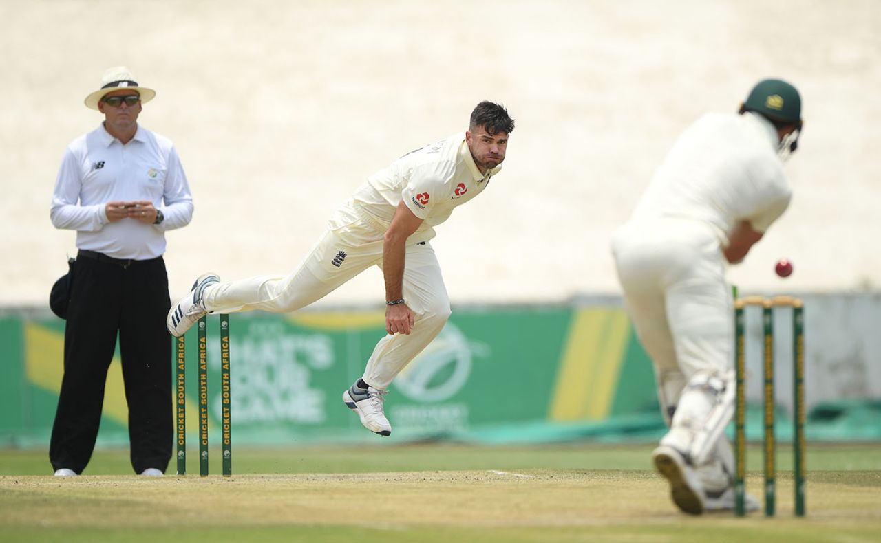 James Anderson in action on day two, South Africa A v England, three-day practice match, Benoni, December 20, 2019