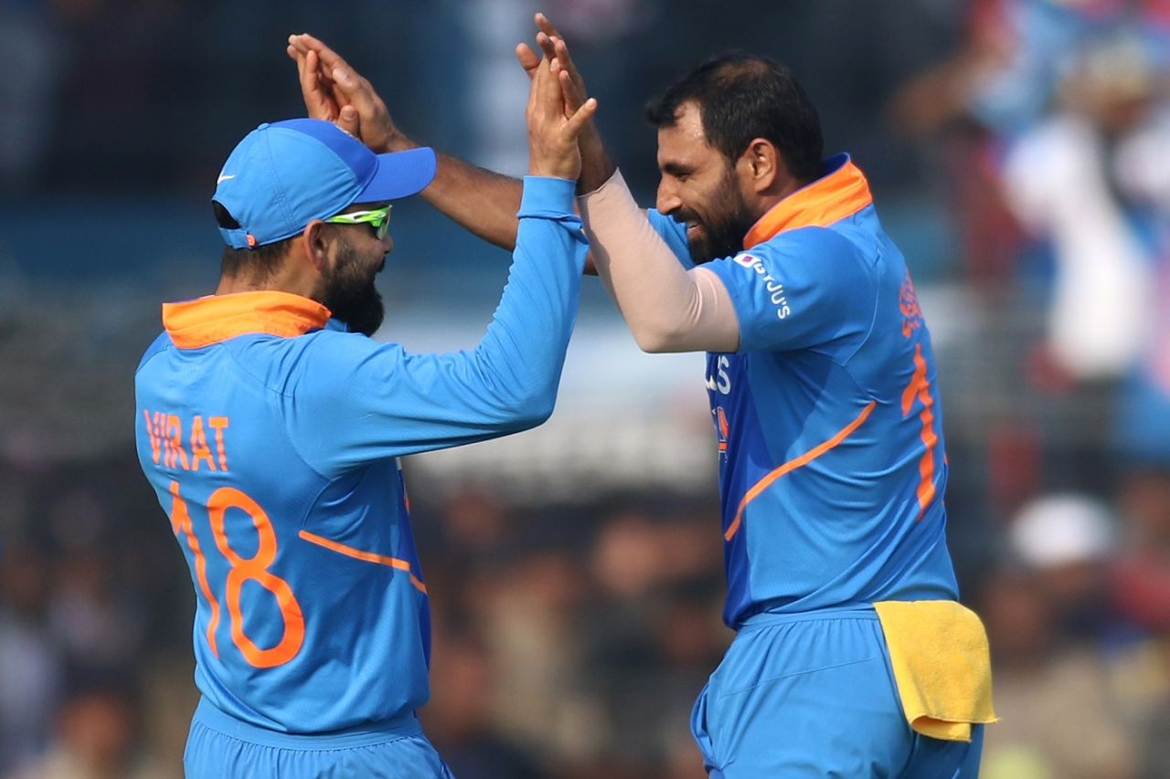 Virat Kohli and Mohammed Shami celebrate, India v West Indies, 3rd ODI, Cuttack, December 22, 2019

