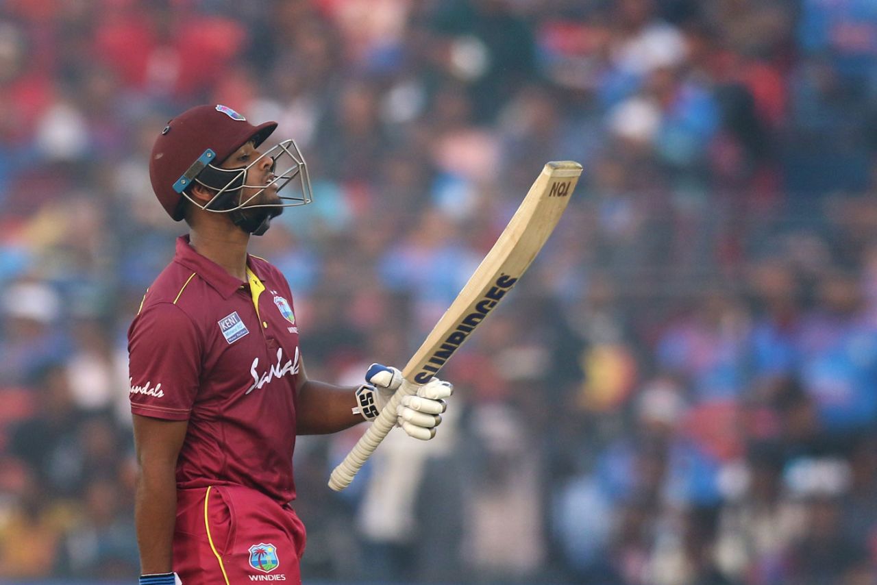 Nicholas Pooran celebrates his fifty, India v West Indies, 3rd ODI, Cuttack, December 22, 2019
