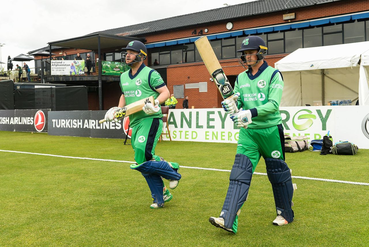 Paul Stirling and James McCollum walk out to bat at the Civil Service ground in Stormont, Ireland v Afghanistan, 1st ODI, Belfast, May 19, 2019