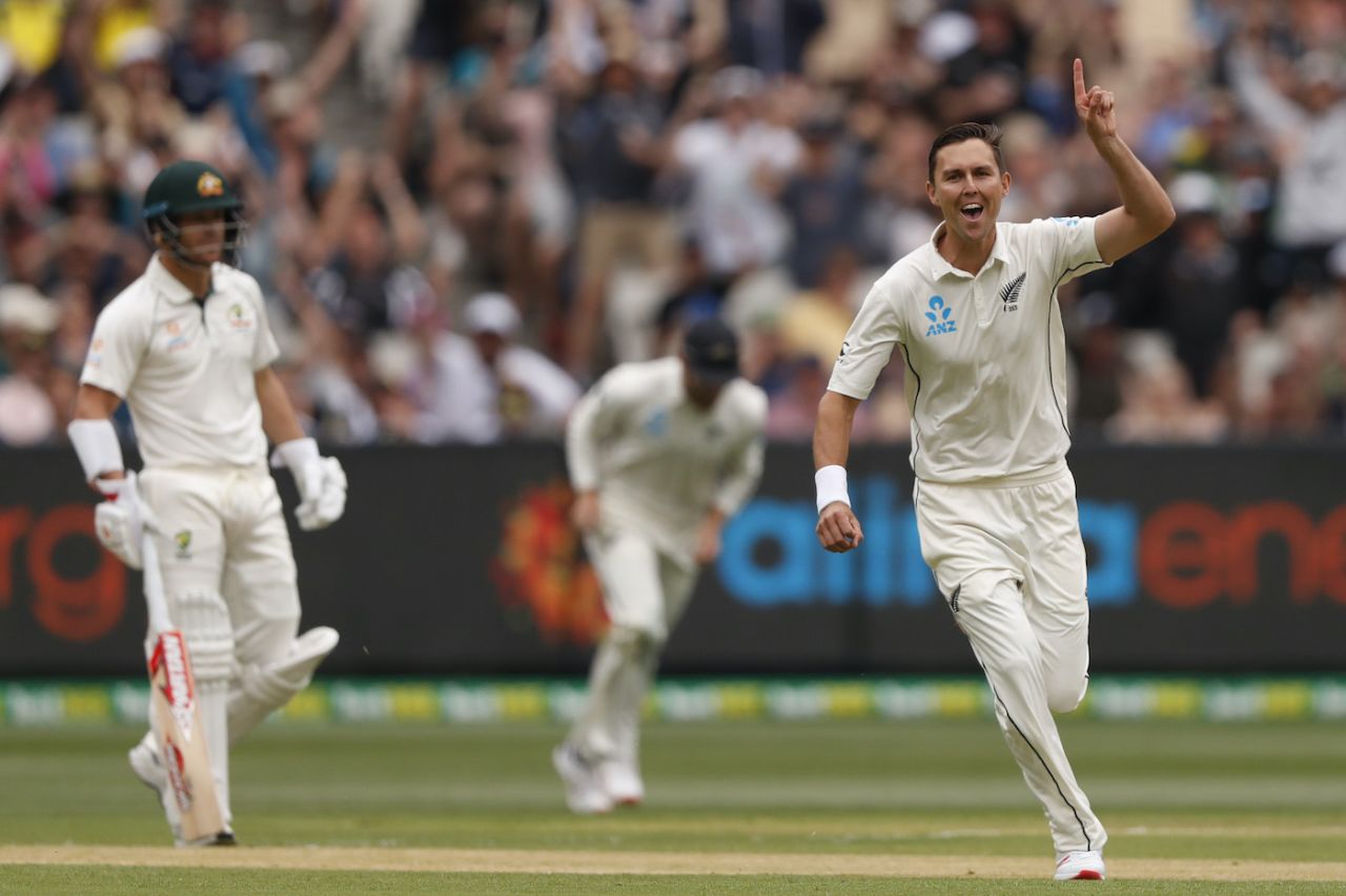 Trent Boult celebrates a wicket in the first over, Australia v New Zealand, 2nd Test, Day 1, Melbourne, December 26, 2019