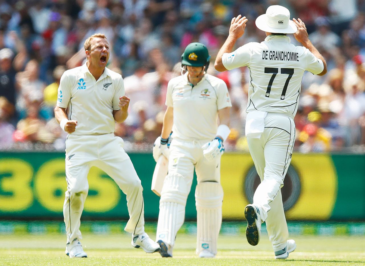 Neil Wagner celebrates removing Steven Smith, Australia v New Zealand, 2nd Test, Melbourne, 2nd day, December 27, 2019