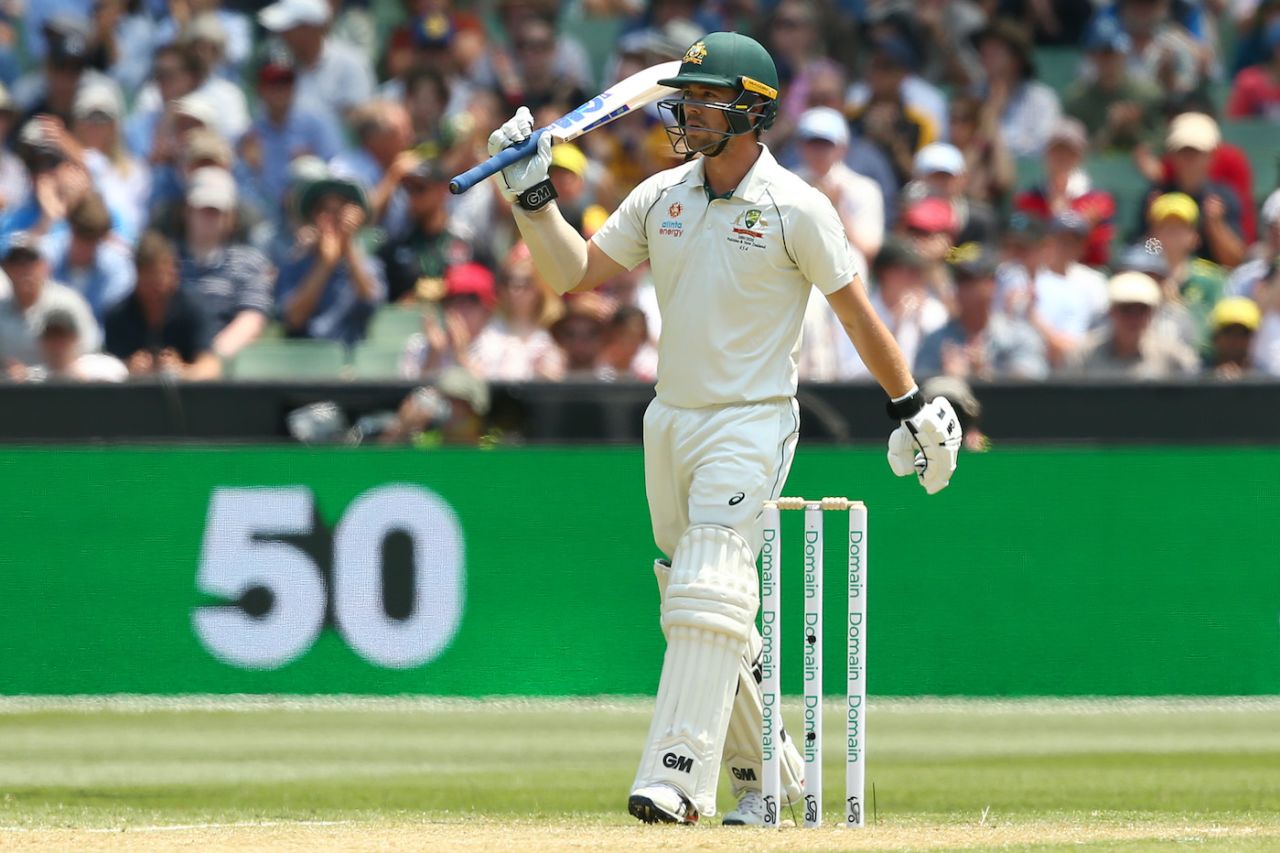 Travis Head acknowledges his half-century, Australia v New Zealand, 2nd Test, Melbourne, 2nd day, December 27, 2019