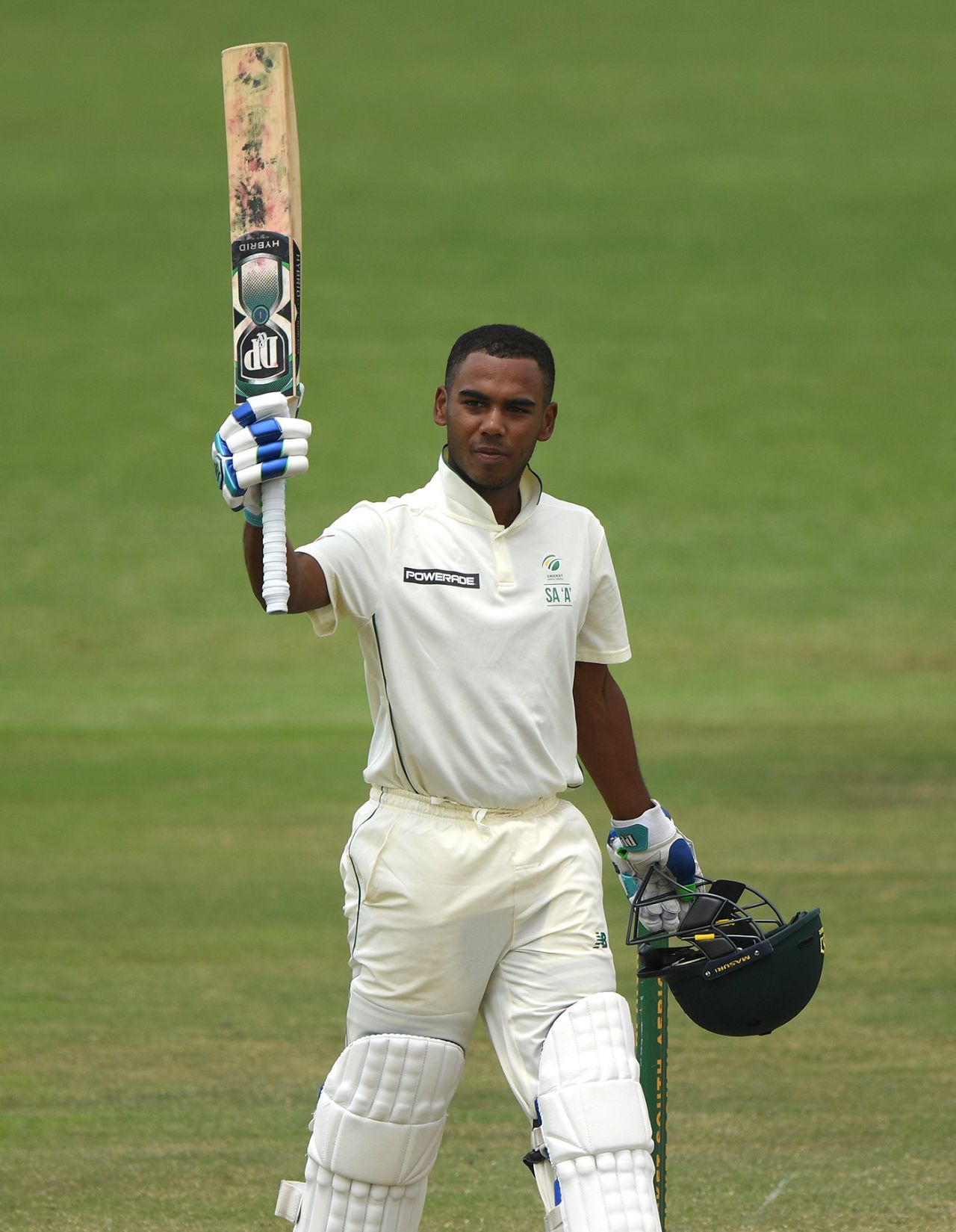 Keegan Petersen celebrates his century, South Africa A v England, Park, Benoni, December 22, 2019
