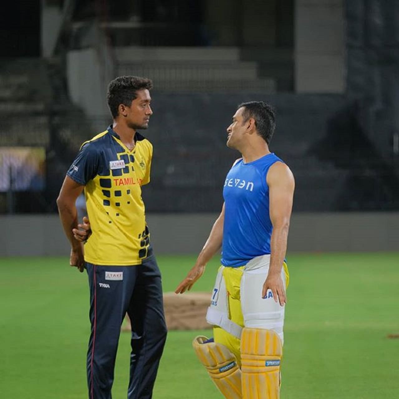 R Sai Kishore is all ears during a chat with MS Dhoni at the Chennai Super Kings nets