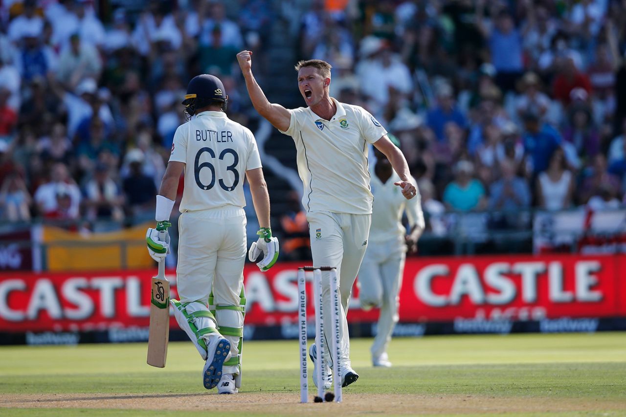 Dwaine Pretorius roars in celebration after getting Jos Buttler caught behind, South Africa v England, 2nd Test, Cape Town, 1st day, January 3, 2020