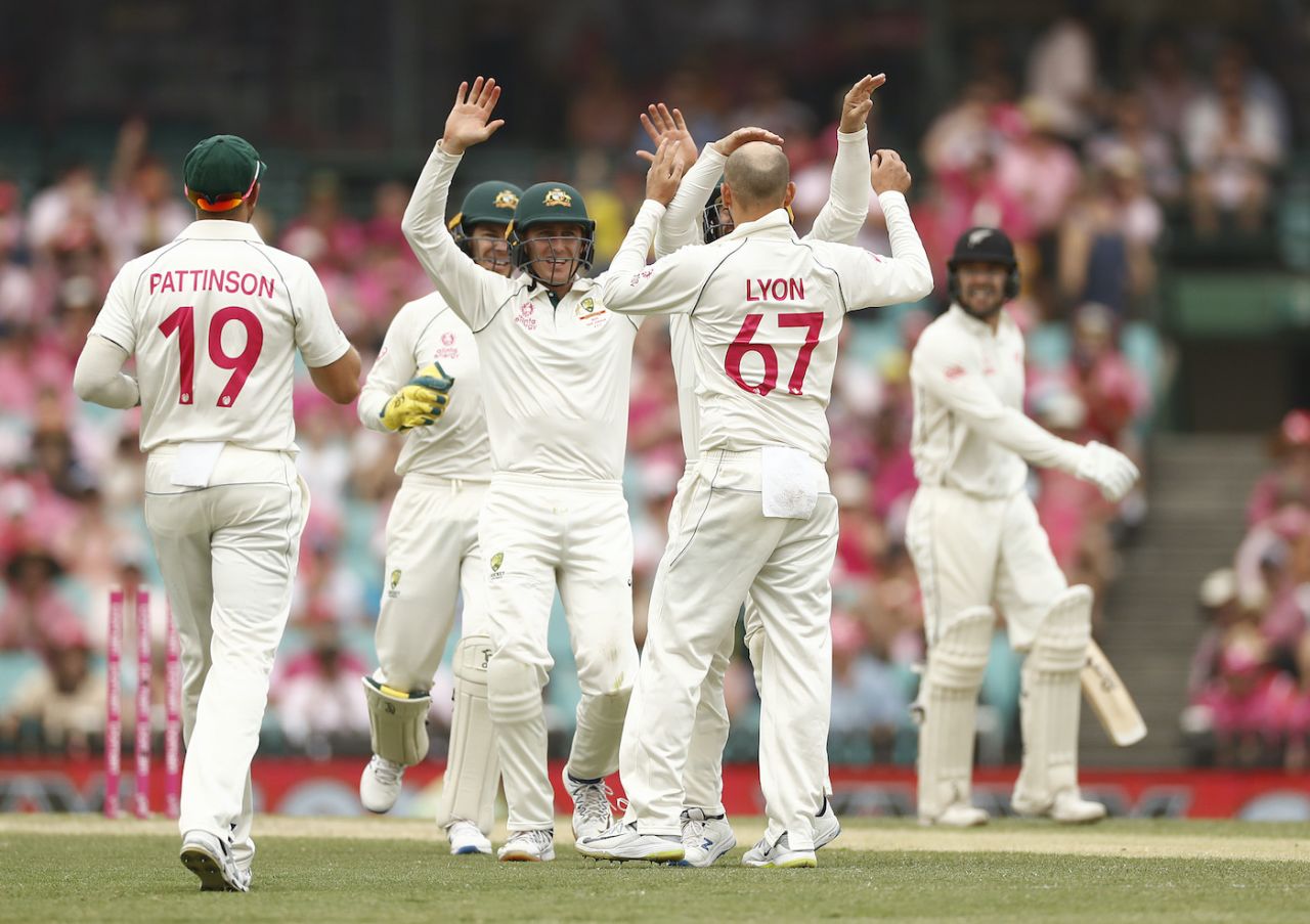 Nathan Lyon celebrates a wicket with his teammates, Australia v New Zealand, 3rd Test, Sydney, 3rd day, January 5, 2020