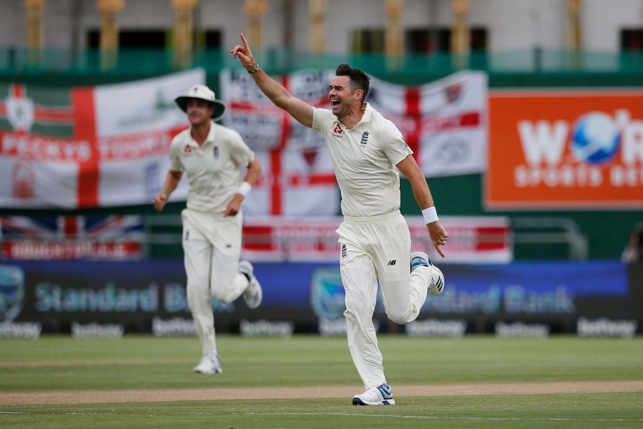 James Anderson celebrates taking the wicket of Kagiso Rabada, South Africa v England, 2nd Test, Cape Town, January 5, 2020
