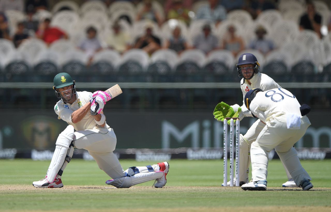Faf du Plessis sweeps and is caught at square leg, South Africa v England, 2nd Test, Cape Town, 5th day, January 7, 2020