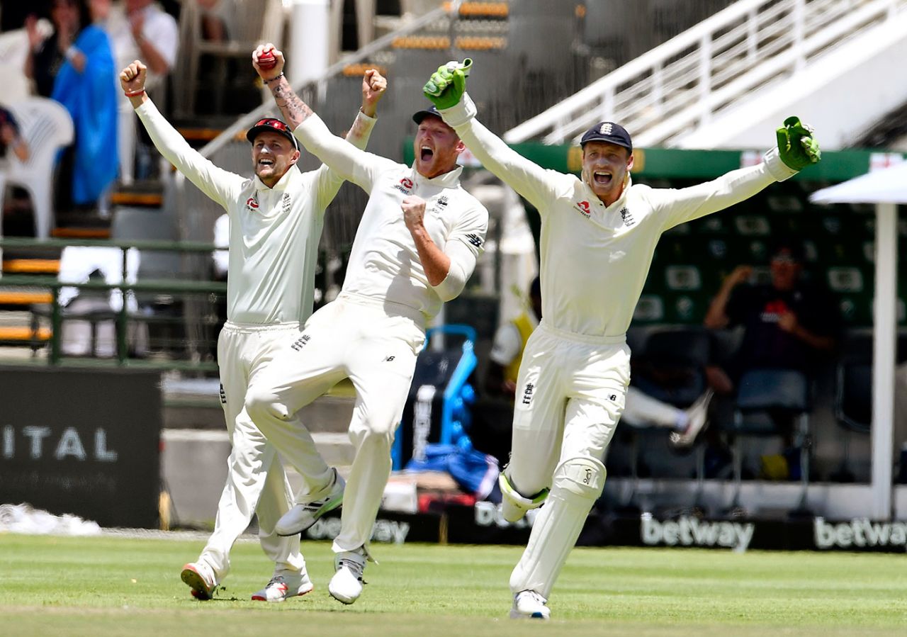 Joe Root, Ben Stokes and Jos Buttler cue the celebrations, South Africa v England, 2nd Test, Cape Town, 5th day, January 7, 2020