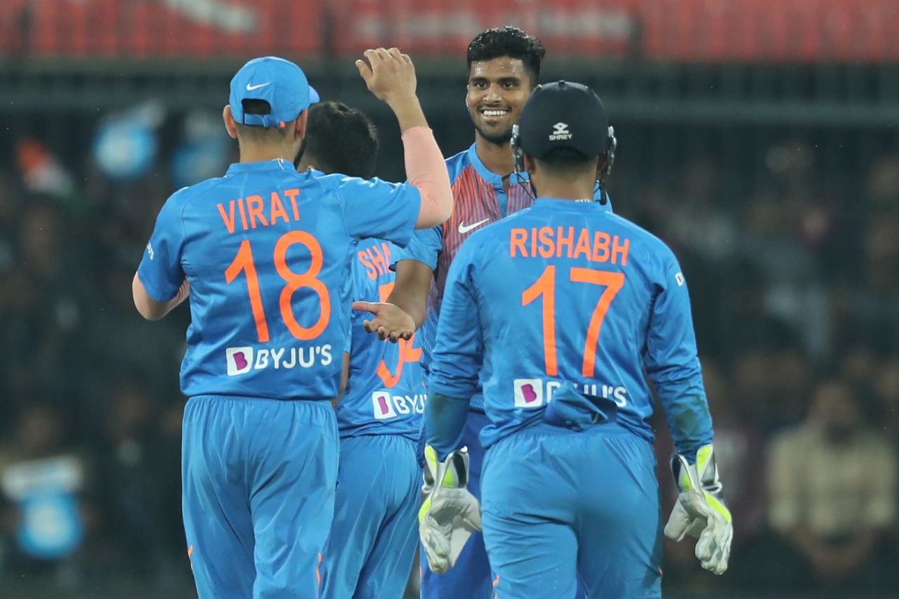 Washington Sundar celebrates a wicket, India v Sri Lanka, 2nd T20I, Indore, January 7, 2020