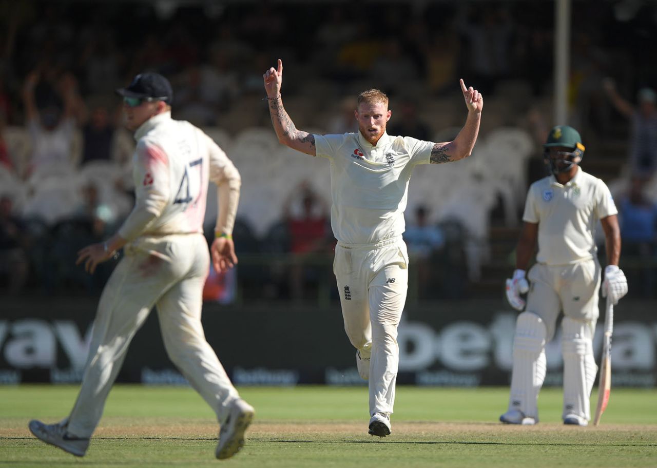Ben Stokes celebrates the wicket of Dwaine Pretorius, South Africa v England, 2nd Test, Cape Town, 5th day, January 7, 2020