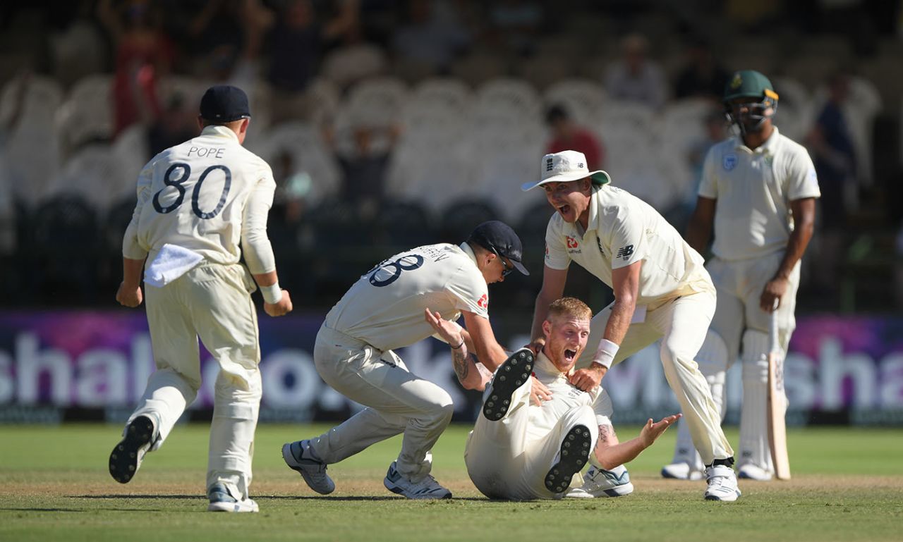 Ben Stokes claims his second wicket in as many balls, that of Anrich Nortje, South Africa v England, 2nd Test, Cape Town, 5th day, January 7, 2020