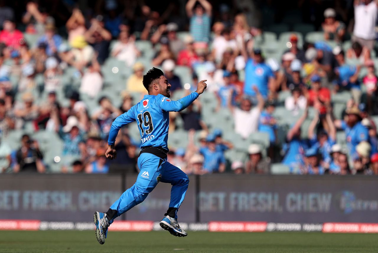 Rashid Khan races off after claiming his hat-trick, Adelaide Strikers v Sydney Sixers, Big Bash, Adelaide, January 8, 2019