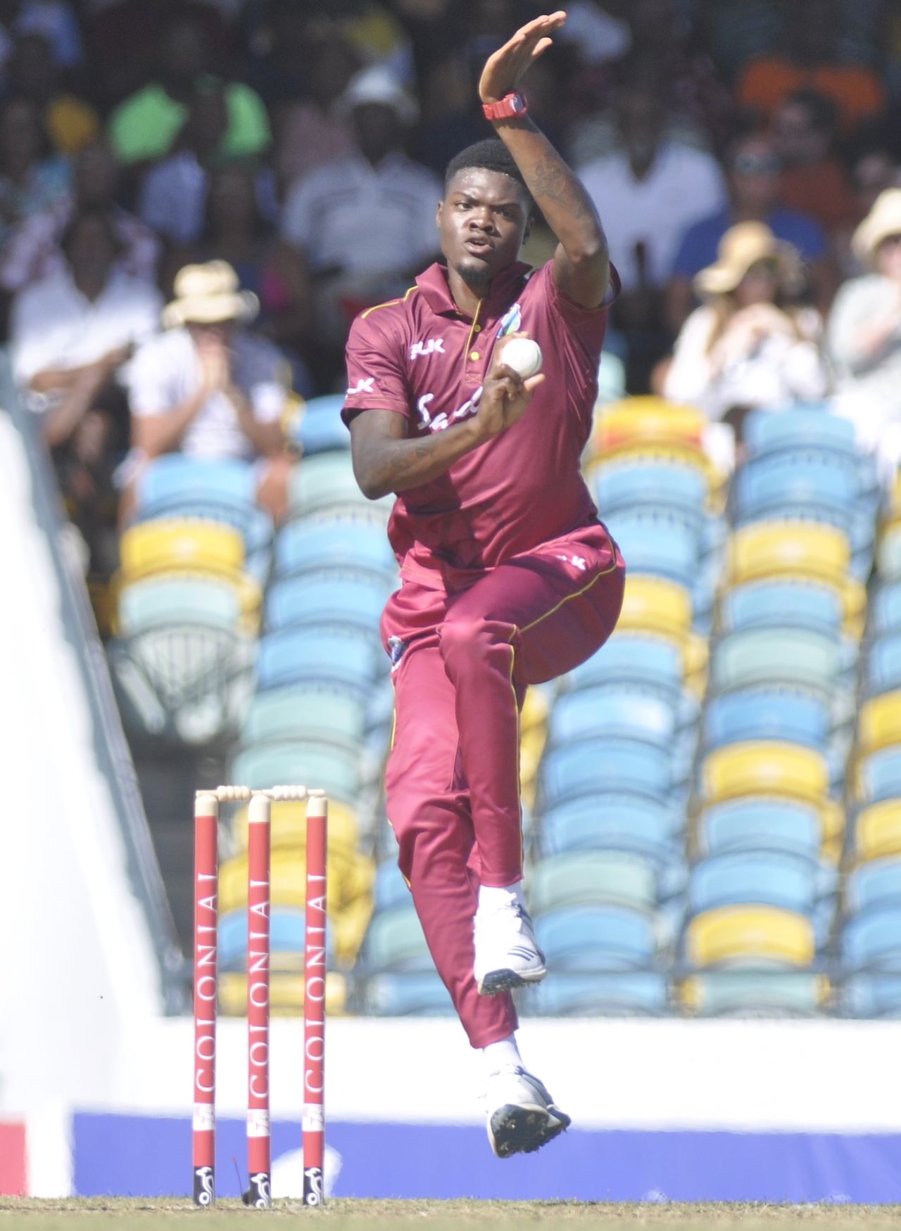 Alzarri Joseph jumps in his delivery stride, West Indies v Ireland, 1st ODI, Bridgetown, January 7, 2020