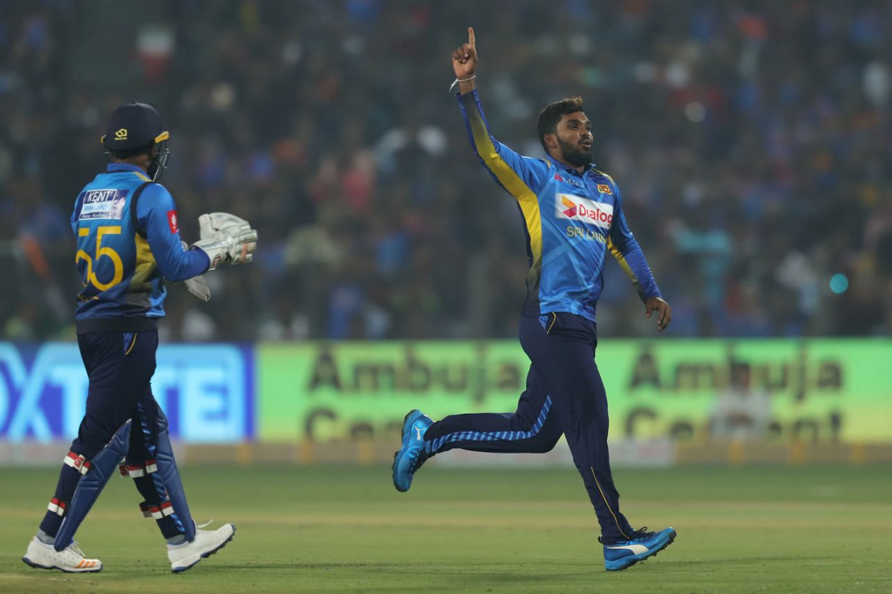 Wanindu Hasaranga is overjoyed after picking a wicket, India v Sri Lanka, 3rd T20I, Pune