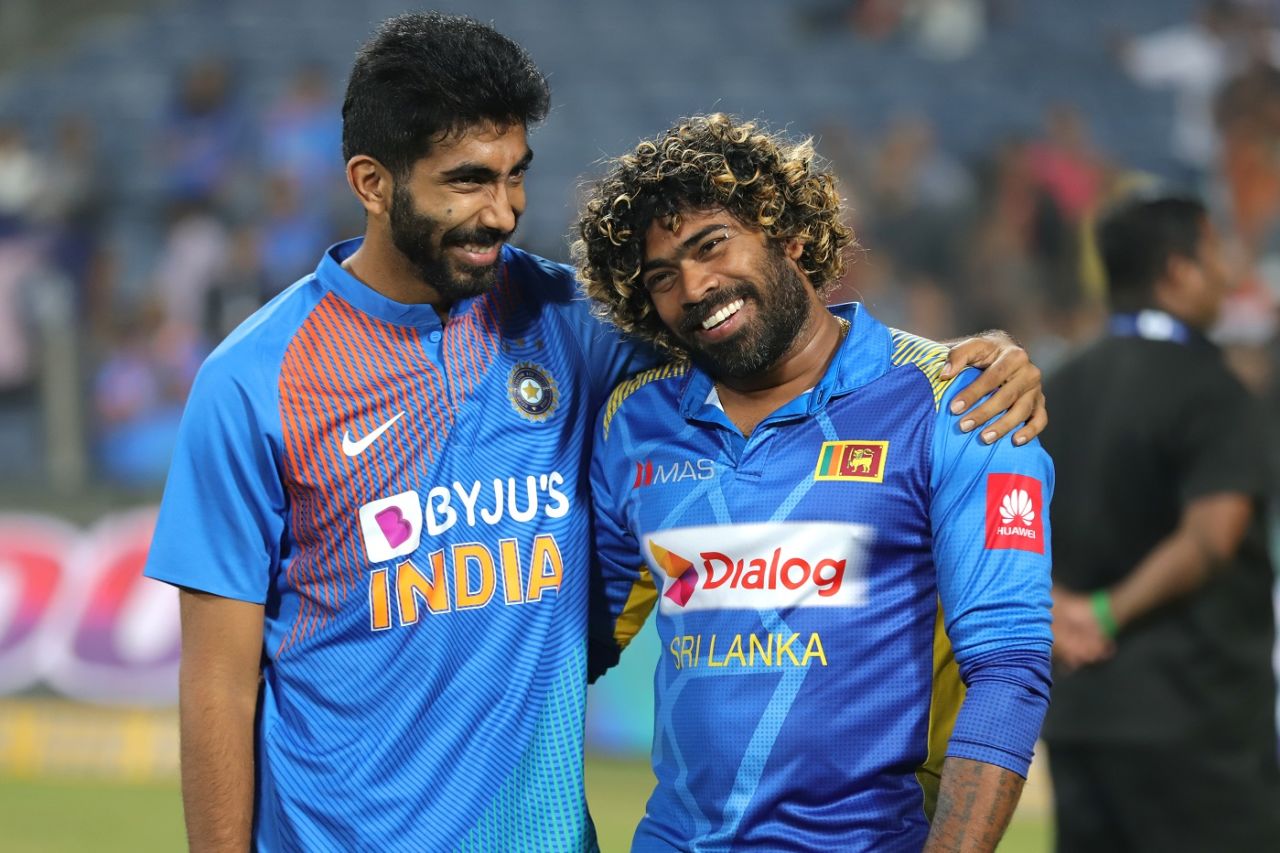 Jasprit Bumrah and Lasith Malinga share a light moment after the game, India v Sri Lanka, 3rd T20I, Pune, January 10, 2020