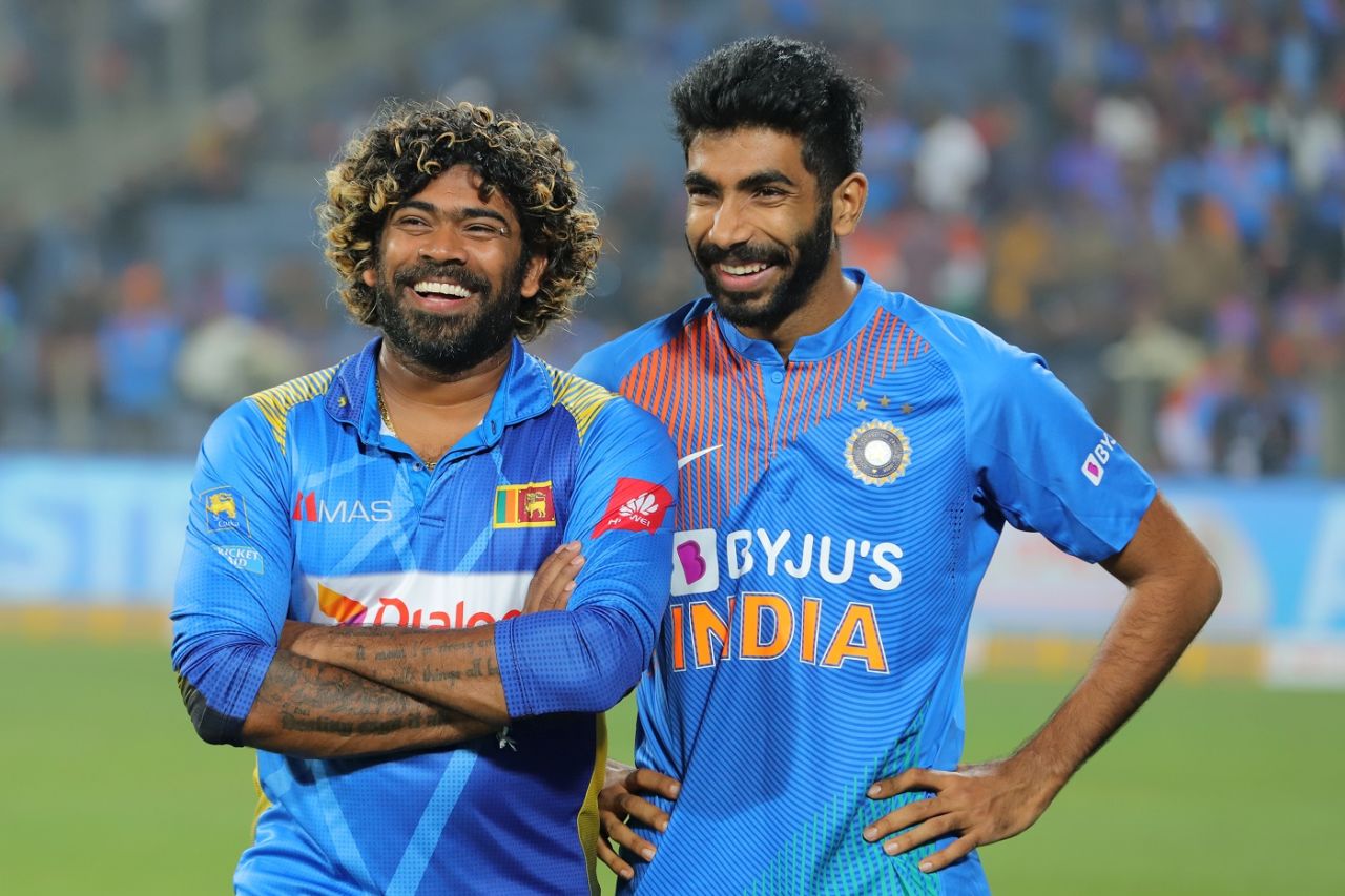 Lasith Malinga and Jasprit Bumrah share a smile after the game, India v Sri Lanka, 3rd T20I, Pune, January 10, 2020