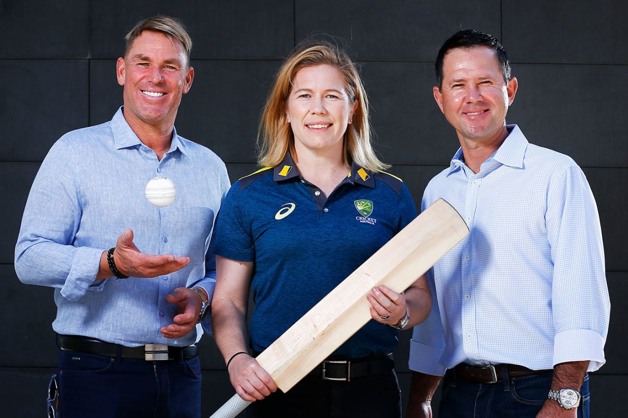 Shane Warne, Alex Blackwell and Ricky Ponting at the announcement of the bushfire relief match, Melbourne, January 12, 2020