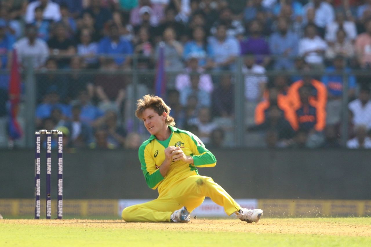 Adam Zampa takes a sharp return catch, India v Australia, 1st ODI, Mumbai, January 14, 2020